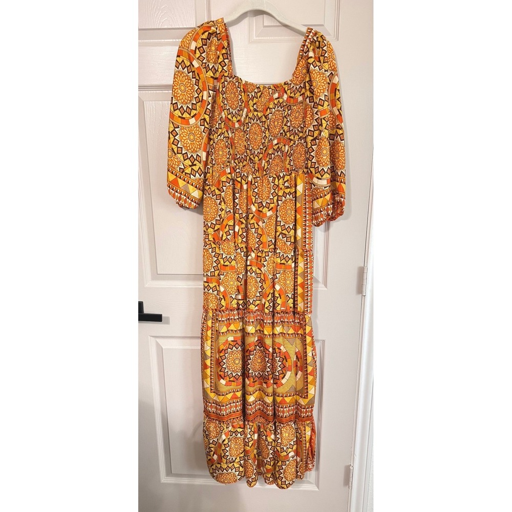 Me 2 Magic Anthropologie Maxi Dress L Orange Geometric Smocked Tiered 70s Summer